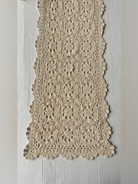 Crocheted Table Runner Floral Abstract Cream Off White 62 x 12” Vintage